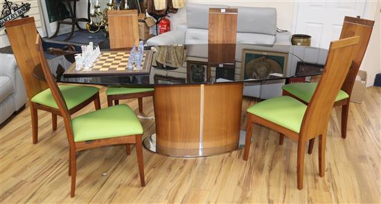 A Vemakoo plate glass topped teak extending dining table and six various teak dining chairs (7) table 255 x 55cm extended
